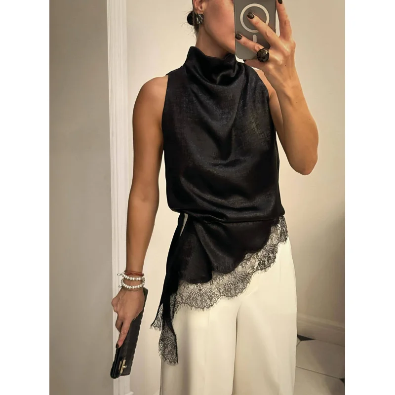 Luxury Satin High Neck Vest Delicate Lace Asymmetrical Design All-match Casual Top For Daily Hangout Street & Weekend Wear
Luxury Satin High Neck Vest Delicate Lace Asymmetrical Design All-match Casual Top For Daily Hangout Street & Weekend Wear