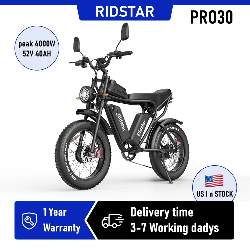 Ridstar PRO30 4000W Electric Bike for Adults 52V 40AH Dual Battery 38 MPH Electric Dirt Bike 20" Fat Tire Mountain Bicycle
Ridstar PRO30 4000W Electric Bike for Adults 52V 40AH Dual Battery 38 MPH Electric Dirt Bike 20" Fat Tire Mountain Bicycle