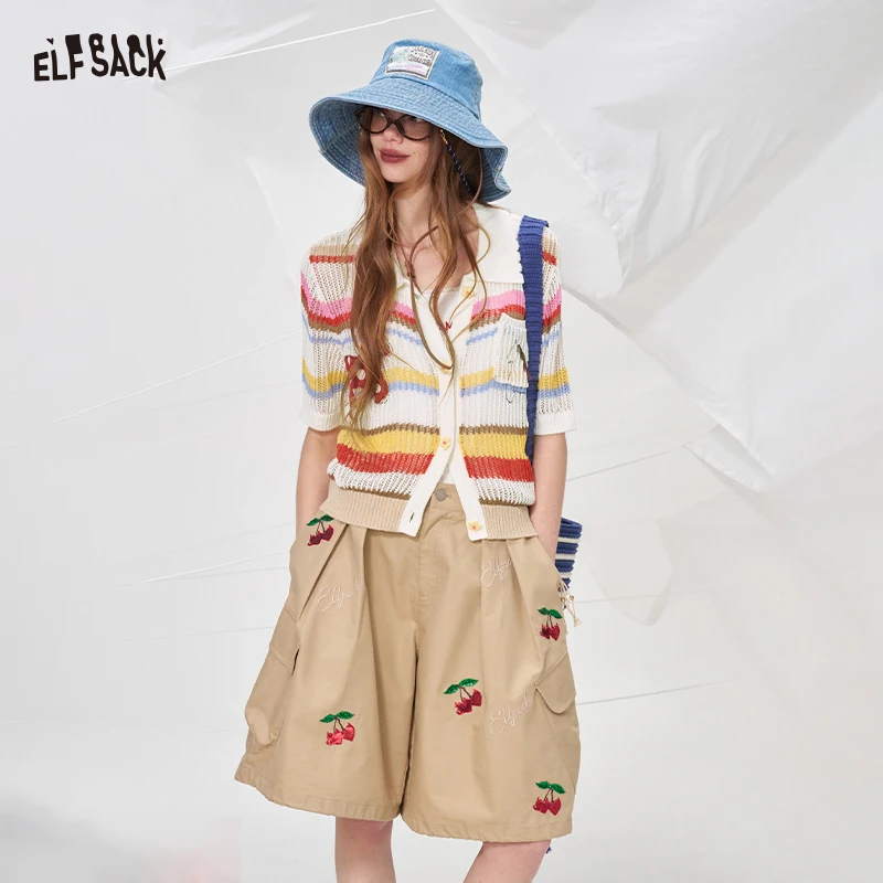 ELFSACK Colorful Striped Knit Cardigan, Cute Cherry Embroidered Open Front Crochet Top, Short Sleeve Summer Knitwear
ELFSACK Colorful Striped Knit Cardigan, Cute Cherry Embroidered Open Front Crochet Top, Short Sleeve Summer Knitwear