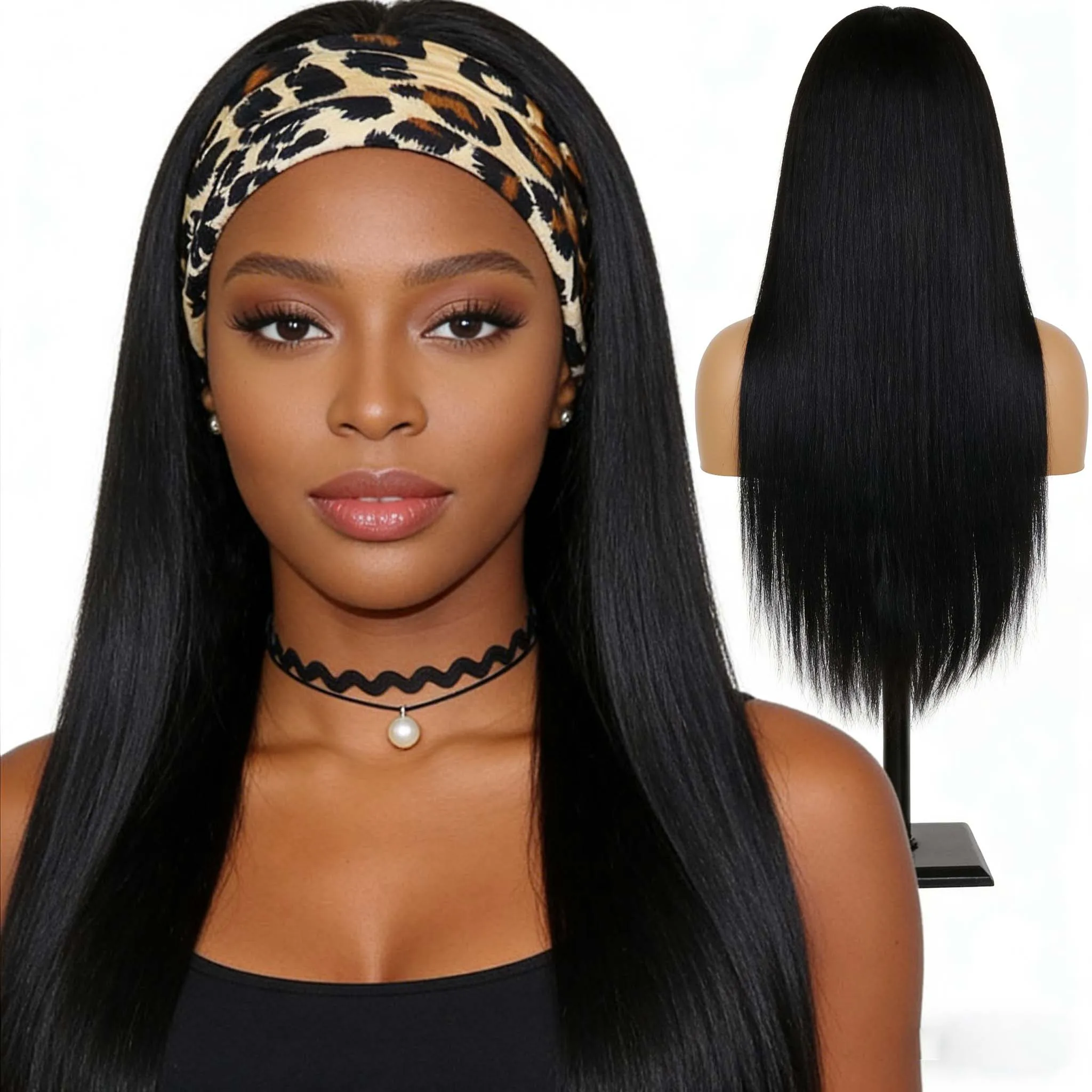 Synthetic Hair Women's 26 Inch Long Yaki Straight Headband Soft Wig Black with Leopard Print Turban for Daily Party Cosplay Wear
Synthetic Hair Women's 26 Inch Long Yaki Straight Headband Soft Wig Black with Leopard Print Turban for Daily Party Cosplay Wear