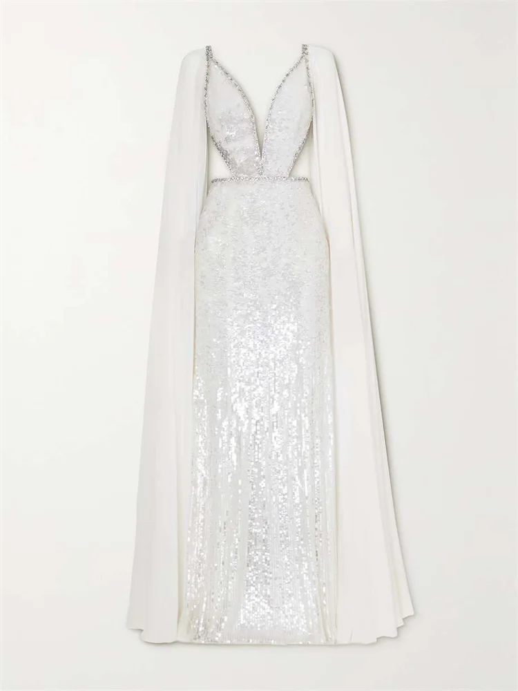 Hot Selling Cape Effect Embellished Tulle And Chiffon Evening Dress Elegant Deep V Back With Zipper Floor Length Gowns For Women
Hot Selling Cape Effect Embellished Tulle And Chiffon Evening Dress Elegant Deep V Back With Zipper Floor Length Gowns For Women