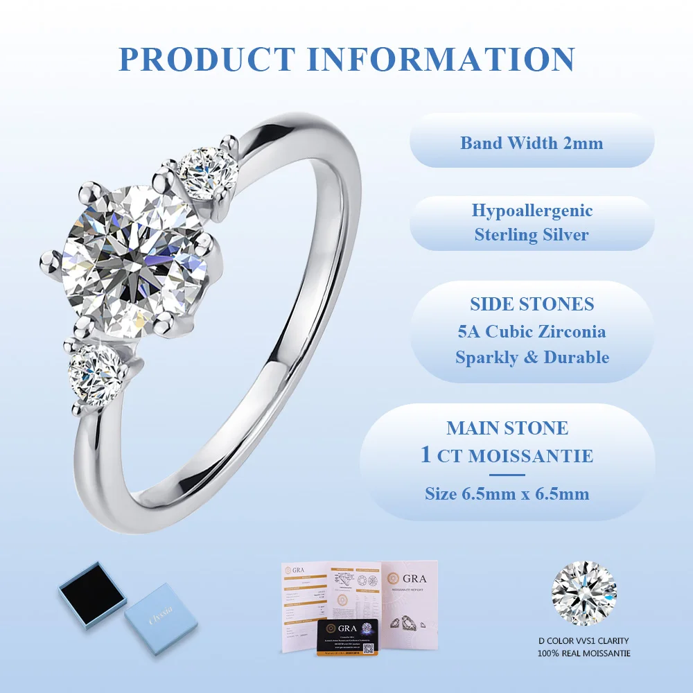 CLYSSIA 925 Sterling Silver Original Moissanite D VVS1 Wedding Ring Jewelry Certified White Gold Plated for Women with GRA
CLYSSIA 925 Sterling Silver Original Moissanite D VVS1 Wedding Ring Jewelry Certified White Gold Plated for Women with GRA