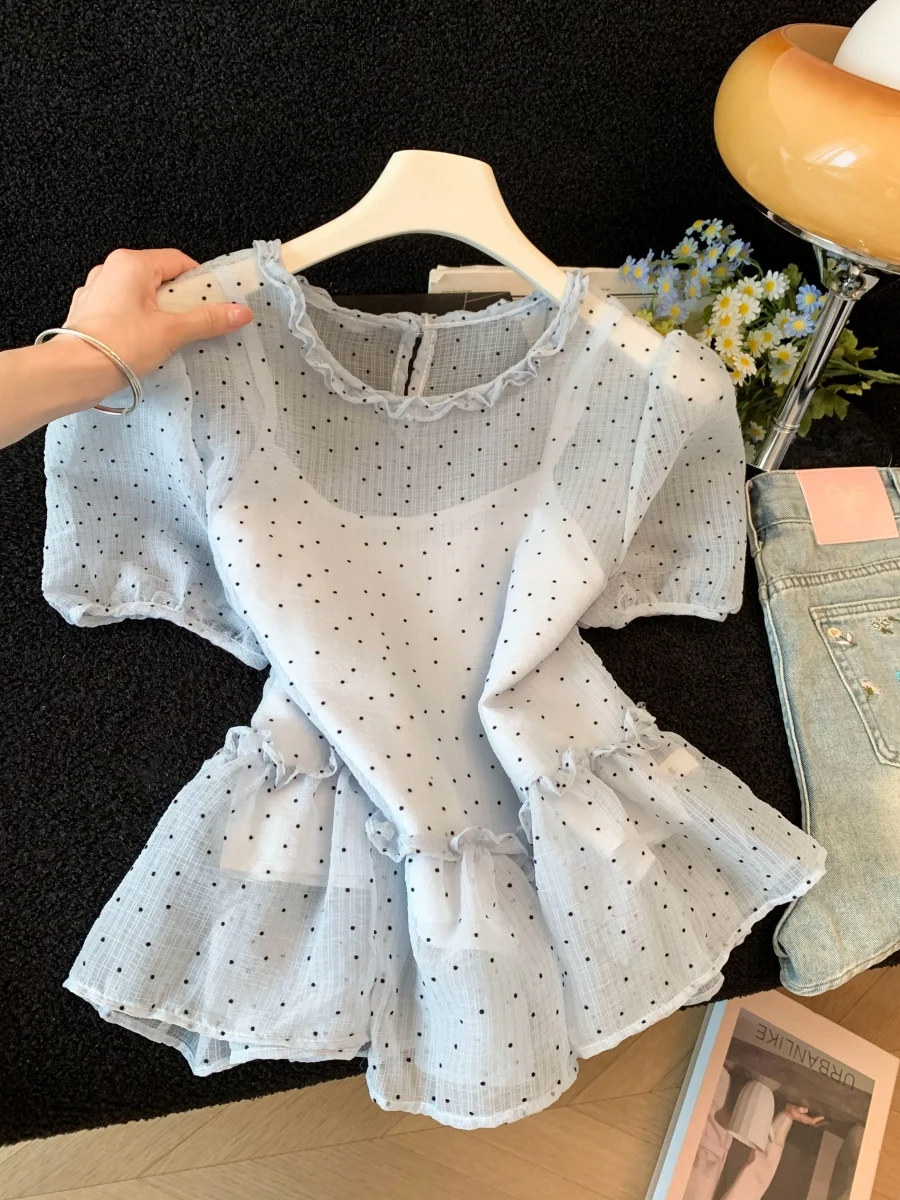Fashionable Polka Dot Chiffon Top Women's Summer Bubble Sleeve Waist Cinched Doll Shirt Short Sleeve round Neck Daily Wear
Fashionable Polka Dot Chiffon Top Women's Summer Bubble Sleeve Waist Cinched Doll Shirt Short Sleeve round Neck Daily Wear