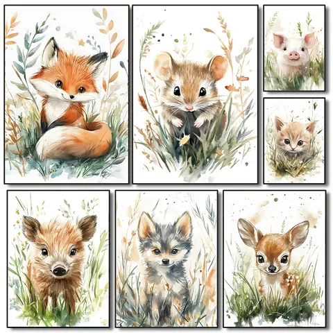 Cute Baby Animals in Field Grass Posters Watercolor Prints Canvas Painting Wall Art Pictures Home Modern Kids Room Decoration