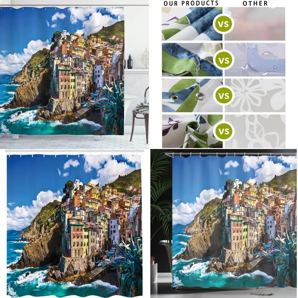 Занавеска для душа средиземноморского морского пейзажа: эффектная погода и итальянская побережья в cinque XXX 
Занавеска для душа средиземноморского морского пейзажа: эффектная погода и итальянская побережья в cinque XXX