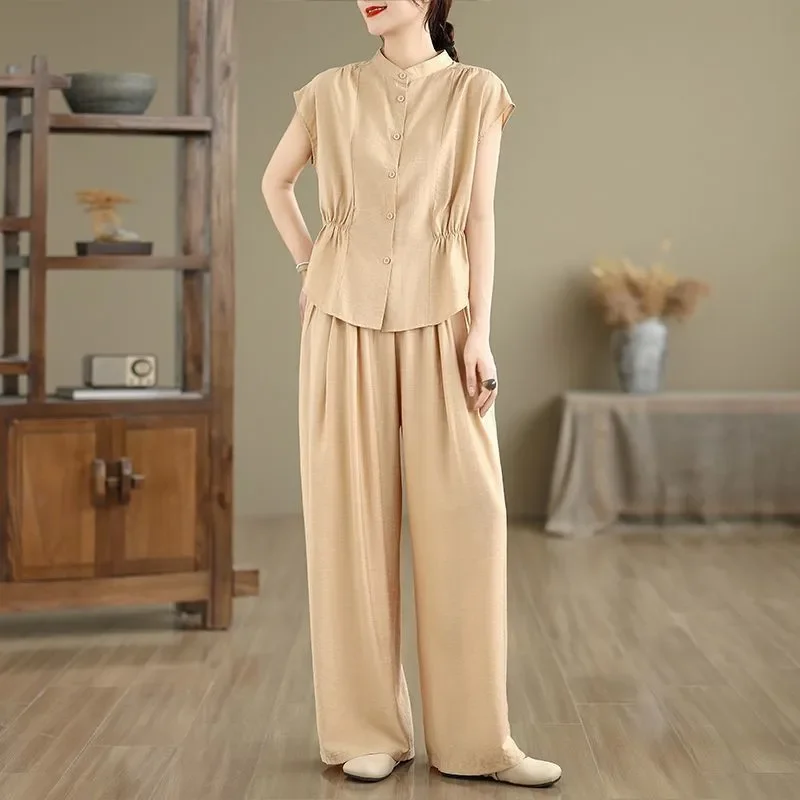 Women's Linen Cotton 2-Piece Set, Stand Collar Short Sleeve Blouse + Wide Leg Pants
Women's Linen Cotton 2-Piece Set, Stand Collar Short Sleeve Blouse + Wide Leg Pants