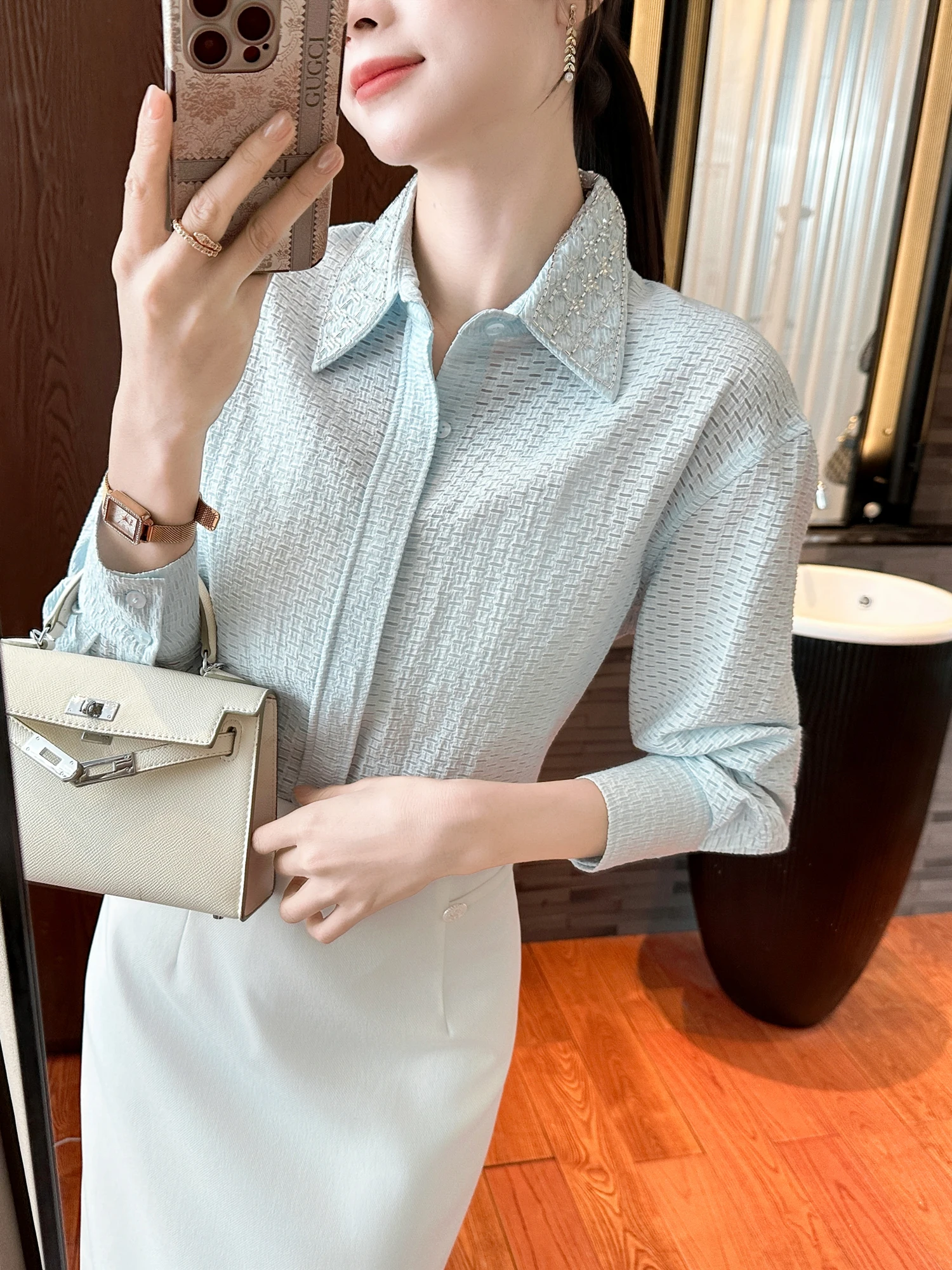 Blue Textured Slim Fit irt YOU SEE Women's Commute Sle Button Detail Embellied Long Sve Breathable Comfortable
Blue Textured Slim Fit irt YOU SEE Women's Commute Sle Button Detail Embellied Long Sve Breathable Comfortable