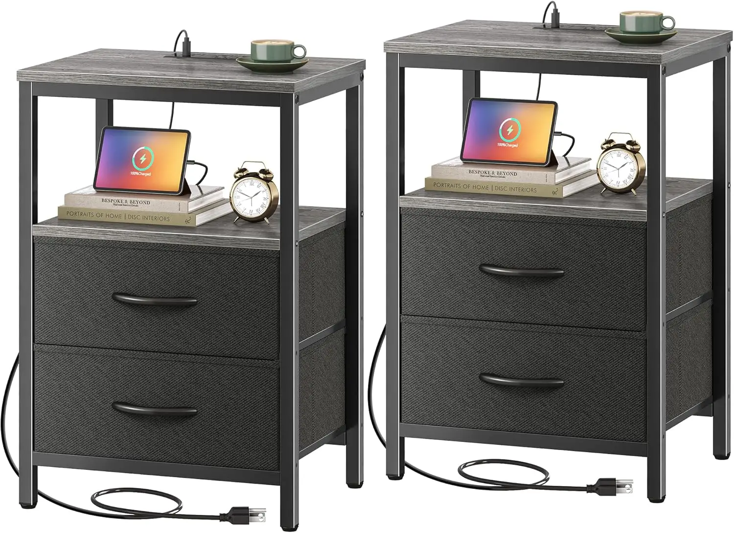 End Tables Set of 2 with Charging Station, Fabric Drawers, USB Ports, Nightstands for Bedroom, Charcoal Gray
End Tables Set of 2 with Charging Station, Fabric Drawers, USB Ports, Nightstands for Bedroom, Charcoal Gray