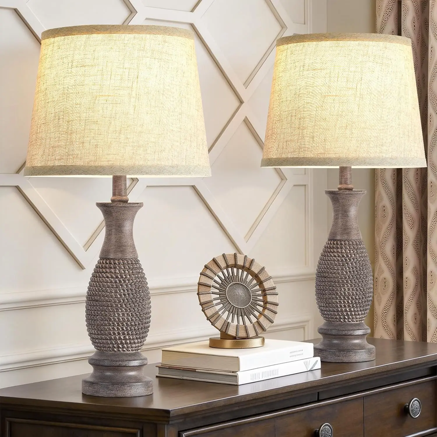 Set of 2 Farmhouse Table Lamps, 21.6" Resin Nightstand Lamps with Rotary Switch for Bedroom Living Room
Set of 2 Farmhouse Table Lamps, 21.6" Resin Nightstand Lamps with Rotary Switch for Bedroom Living Room