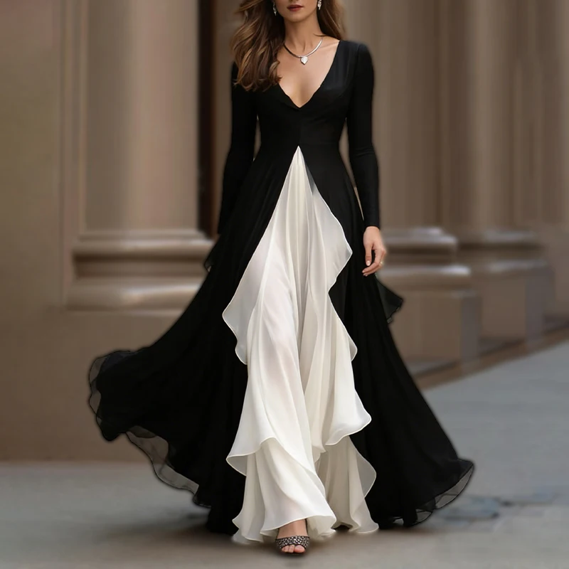 Womens Maxi Dress Long Sleeve Black White Contrast V-Neck Elegant Formal Evening Party Cocktail Wedding Guest Flowy Chiffon Gown
Womens Maxi Dress Long Sleeve Black White Contrast V-Neck Elegant Formal Evening Party Cocktail Wedding Guest Flowy Chiffon Gown