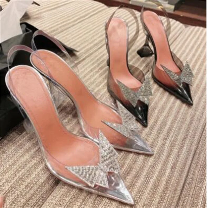 Women's transparent high-heeled sandals, diamond, narrow pointed, transparent bow, designer high heels for summer 2025
Women's transparent high-heeled sandals, diamond, narrow pointed, transparent bow, designer high heels for summer 2025
