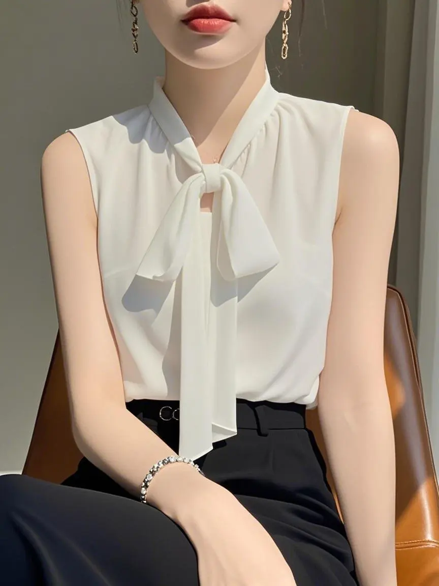 White Chiffon Sleeveless Vest Women's Outerwear High-End Summer Suit Inner Match Bow Tie Shirt Top Loose Fit Pure Color
White Chiffon Sleeveless Vest Women's Outerwear High-End Summer Suit Inner Match Bow Tie Shirt Top Loose Fit Pure Color