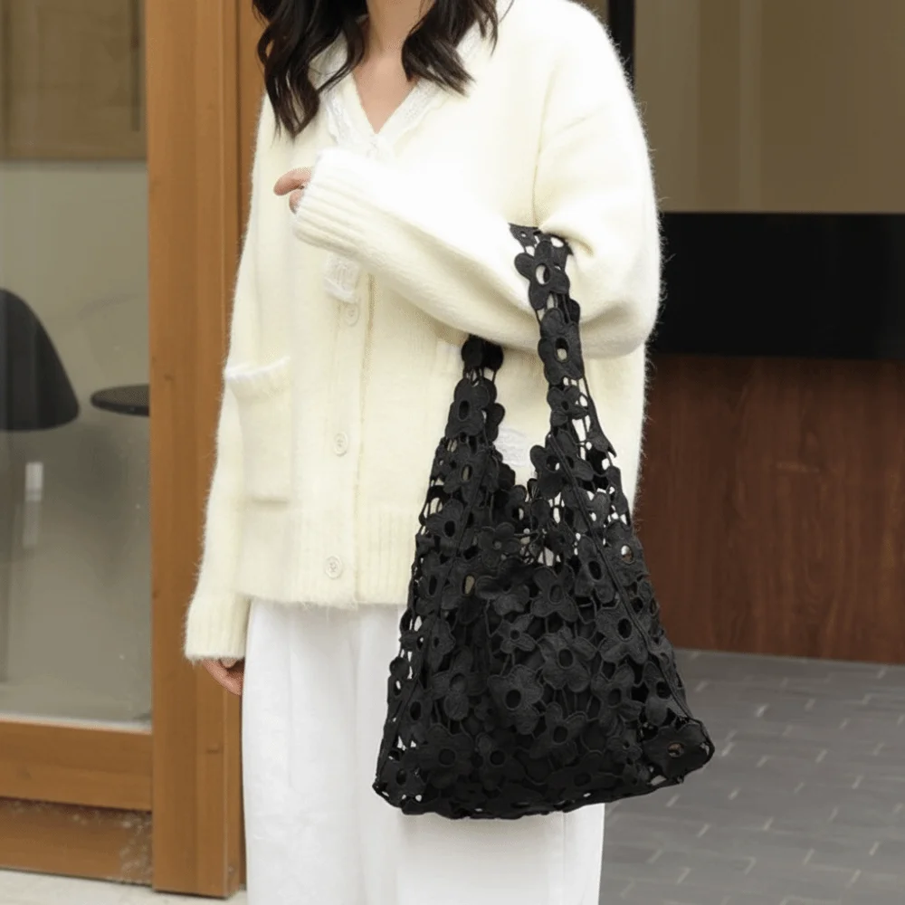 Vintage Woven Flower Tote Bag Large Capacity Polyester Fiber Hollow Out Embroidered Handbag Has Inner Pocket Handheld
Vintage Woven Flower Tote Bag Large Capacity Polyester Fiber Hollow Out Embroidered Handbag Has Inner Pocket Handheld