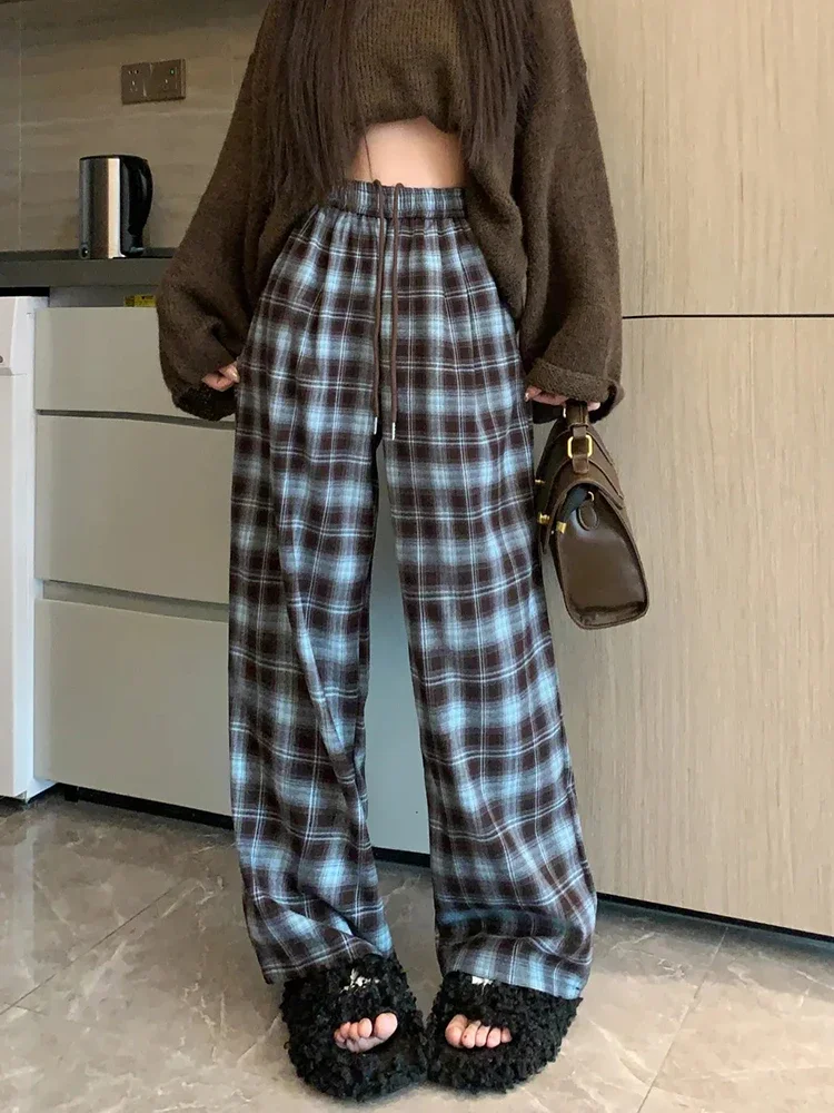 Vintage Blue Plaid Pants Women Casual High Waist Loose Wide Leg Trousers Korean Female Lace Up Streetwear All Match Pants Women
Vintage Blue Plaid Pants Women Casual High Waist Loose Wide Leg Trousers Korean Female Lace Up Streetwear All Match Pants Women