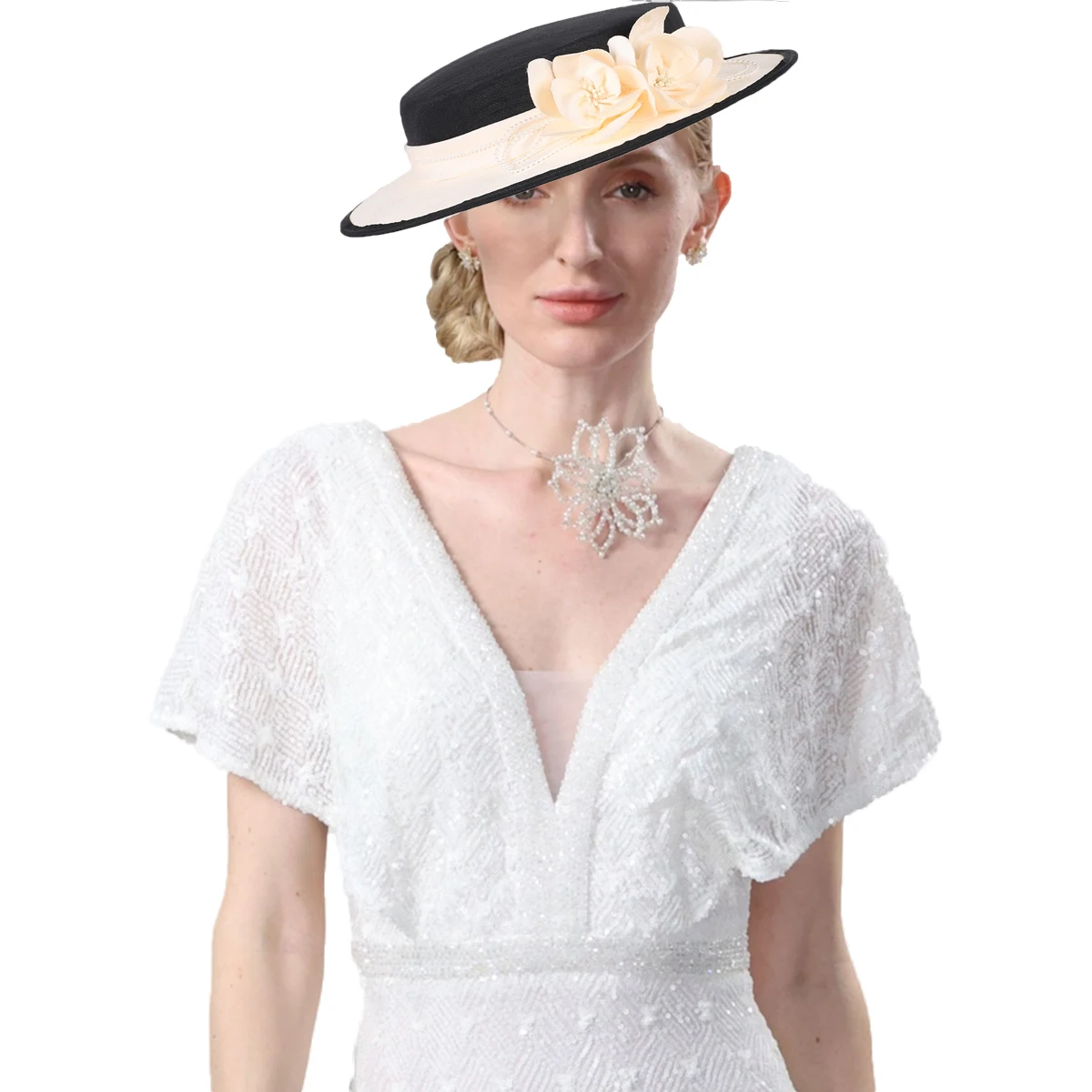 Wide Brim Church Fascinators Hats For Women Lady Formal Wedding Bridal Cocktail Tea Party Dress Flat Top Hat With Flower Bead
Wide Brim Church Fascinators Hats For Women Lady Formal Wedding Bridal Cocktail Tea Party Dress Flat Top Hat With Flower Bead