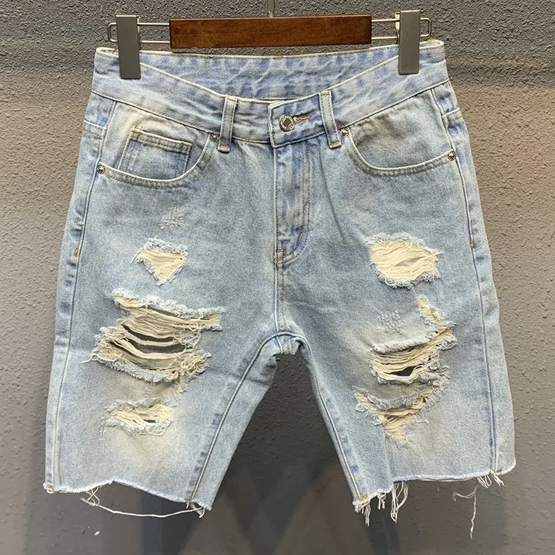 Men's Denim Shorts With Trendy Holes Rough Edges Light Blue Cropped Shorts Spring and Summer Youth
Men's Denim Shorts With Trendy Holes Rough Edges Light Blue Cropped Shorts Spring and Summer Youth