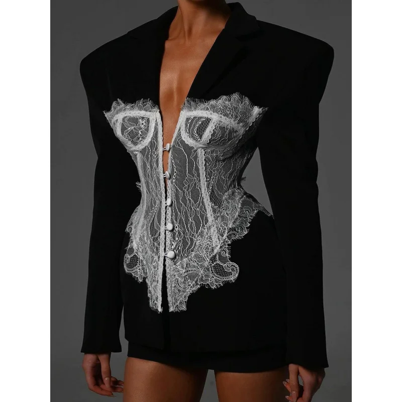 Socialite High-Grade Lace Stitching Fishbone Waist Suit2025Summer NewVCollar Long Sleeve Solid Color Coat Women
Socialite High-Grade Lace Stitching Fishbone Waist Suit2025Summer NewVCollar Long Sleeve Solid Color Coat Women