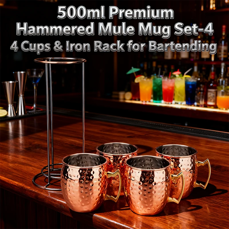 4PCS 500ml Moscow Mule Mugs Set with Iron Rack–304 Stainless Steel Hammered Copper Cups for Cocktails, Beer, Whiskey Drinkware
4PCS 500ml Moscow Mule Mugs Set with Iron Rack–304 Stainless Steel Hammered Copper Cups for Cocktails, Beer, Whiskey Drinkware