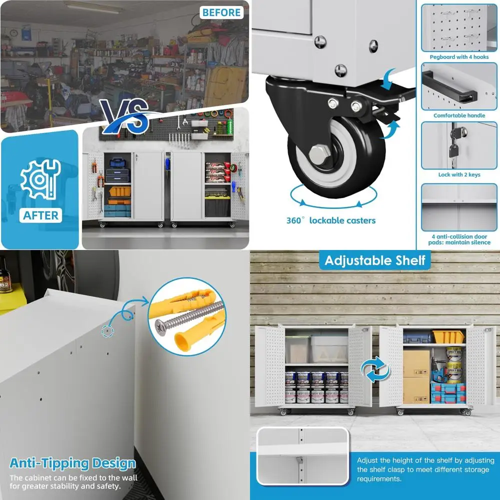 Белый шкаф для хранения в гараже с перфорированной панелью, крючками, колесами и 2 запираемыми дверцами, 13.8 глуб. x 26 ширина x 34.3 выс.
Белый шкаф для хранения в гараже с перфорированной панелью, крючками, колесами и 2 запираемыми дверцами, 13.8 глуб. x 26 ширина x 34.3 выс.