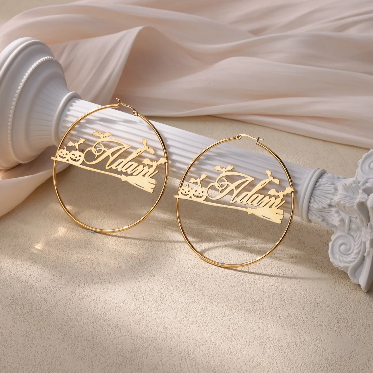 70MM Custom Name Earrings For Women Gold Color Circle Pumpkin Bat Earring Customized Name Stainless Steel Jewelry Halloween Gift
70MM Custom Name Earrings For Women Gold Color Circle Pumpkin Bat Earring Customized Name Stainless Steel Jewelry Halloween Gift