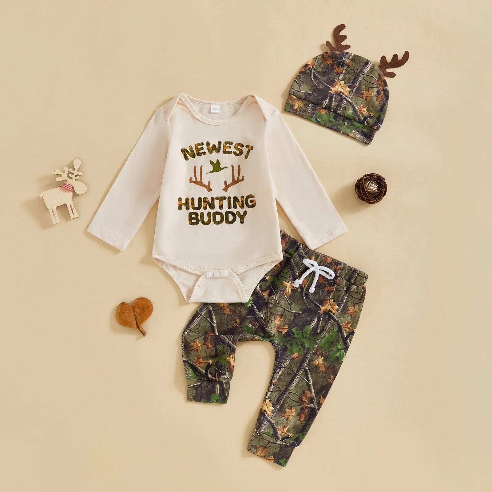 0-18M Baby Boy Clothes Baby Hunting Outfit Camo Pants + Antler Beanie + Bodysuit 3-Piece Set Outdoor Nature Infant Set 
0-18M Baby Boy Clothes Baby Hunting Outfit Camo Pants + Antler Beanie + Bodysuit 3-Piece Set Outdoor Nature Infant Set