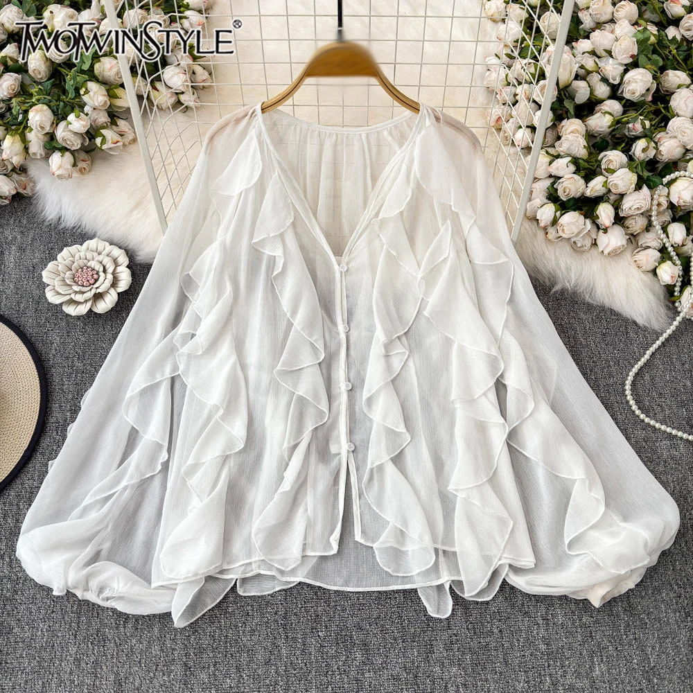 TWOTWINSTYLE Temperament Slimming Solid Blouses For Women V Neck Long Sleeve Spliced Folds Casual Shirts Female Style KBL544162
TWOTWINSTYLE Temperament Slimming Solid Blouses For Women V Neck Long Sleeve Spliced Folds Casual Shirts Female Style KBL544162