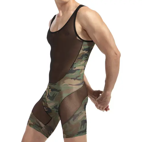 Herren Sexy Body Sexy Mann Overall Wrestling Unterhemden Shaper Camouflage Ultra Dünne Enge Tops