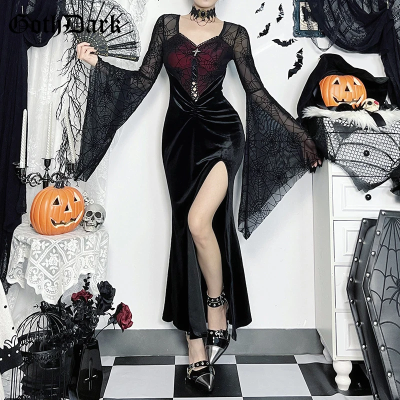Goth Dark Christmas Party Outfits Women Elegant Velvet Mesh Patchwork Lace-up Dresses Sexy Hem Split Flare Sleeve Dress Gothic
Goth Dark Christmas Party Outfits Women Elegant Velvet Mesh Patchwork Lace-up Dresses Sexy Hem Split Flare Sleeve Dress Gothic
