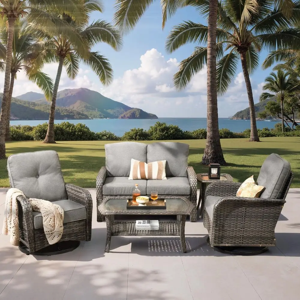 5-Piece Outdoor Patio Furniture Set with Swivel Chairs, Wicker Sofa and Coffee Table, Rattan Couch for Poolside, Gray
5-Piece Outdoor Patio Furniture Set with Swivel Chairs, Wicker Sofa and Coffee Table, Rattan Couch for Poolside, Gray