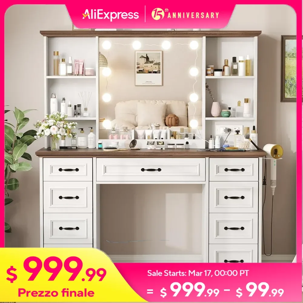 Vanity Desk with Mirror and Lights Makeup Table with Drawers and Shelves Bedroom Dressing Table
Vanity Desk with Mirror and Lights Makeup Table with Drawers and Shelves Bedroom Dressing Table