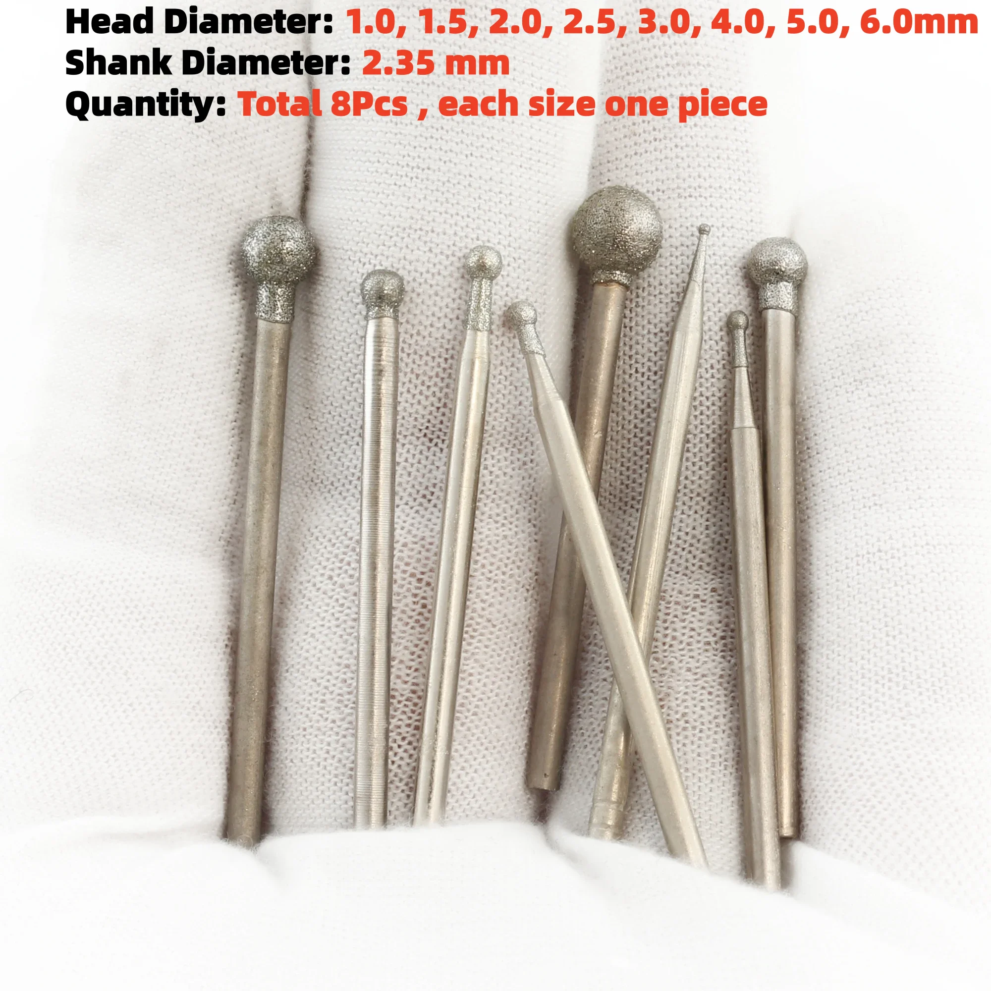 8Pcs 1-6mm Diamond Coated Mounted Points Spherical Ball Set 2.35mm Shank for Jewelry Stone Glass Grinding Carving for Dremel
8Pcs 1-6mm Diamond Coated Mounted Points Spherical Ball Set 2.35mm Shank for Jewelry Stone Glass Grinding Carving for Dremel