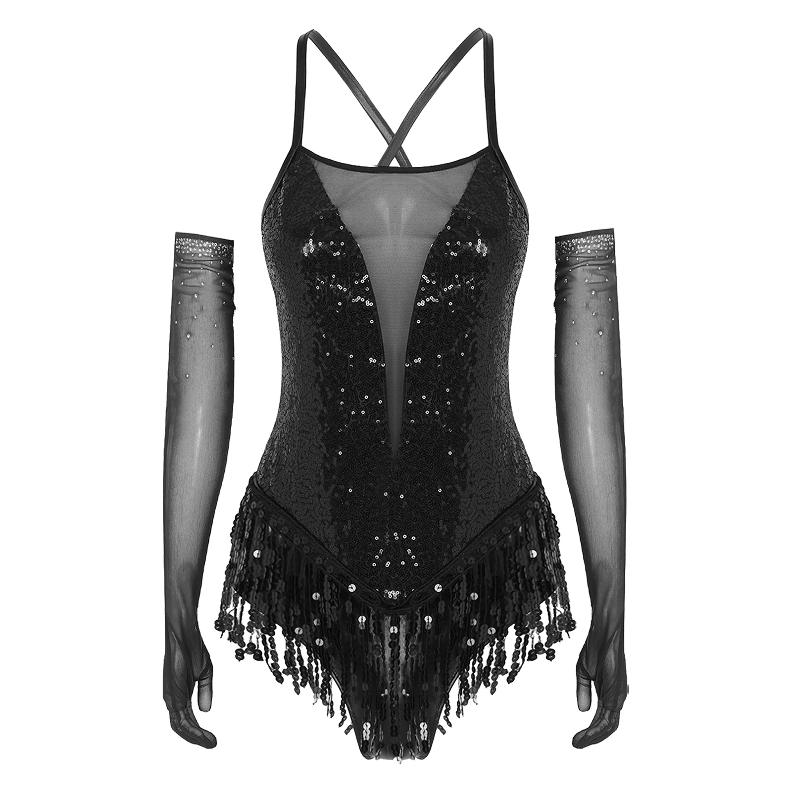 Womens Latin Tango Dance Dress Outfit Cross Back Shiny Sequins Fringed Skirted Leotard+1 Pair Gloves for Rumba Cha-Cha Dancewear
Womens Latin Tango Dance Dress Outfit Cross Back Shiny Sequins Fringed Skirted Leotard+1 Pair Gloves for Rumba Cha-Cha Dancewear
