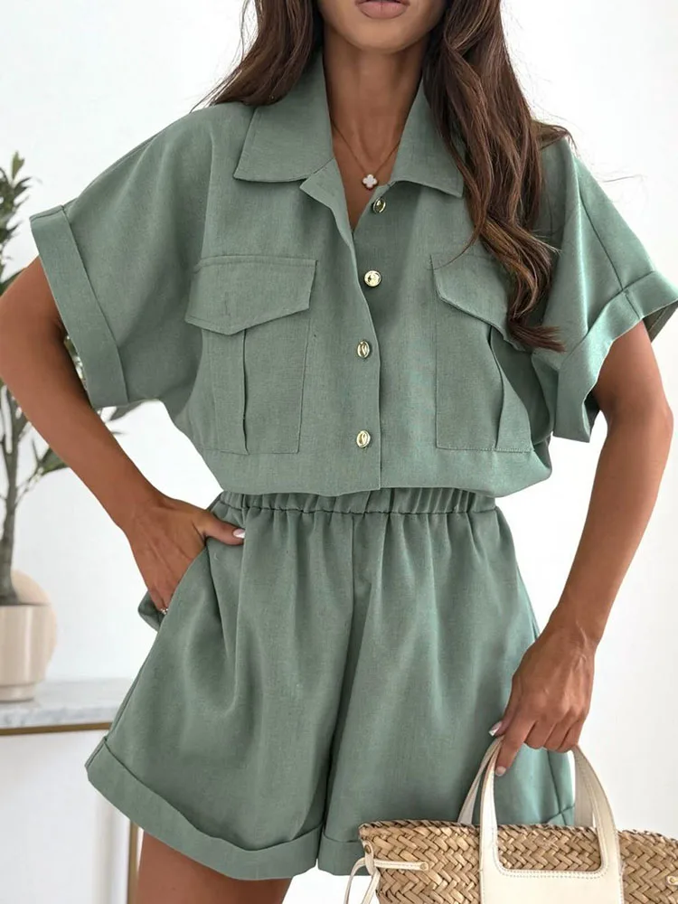 Spring Retro Solid Cargo Pants Romper Elegant Turn-down Collar Button Shirt Playsuit Jumpsuit Summer Short Sleeve Office Overall
Spring Retro Solid Cargo Pants Romper Elegant Turn-down Collar Button Shirt Playsuit Jumpsuit Summer Short Sleeve Office Overall