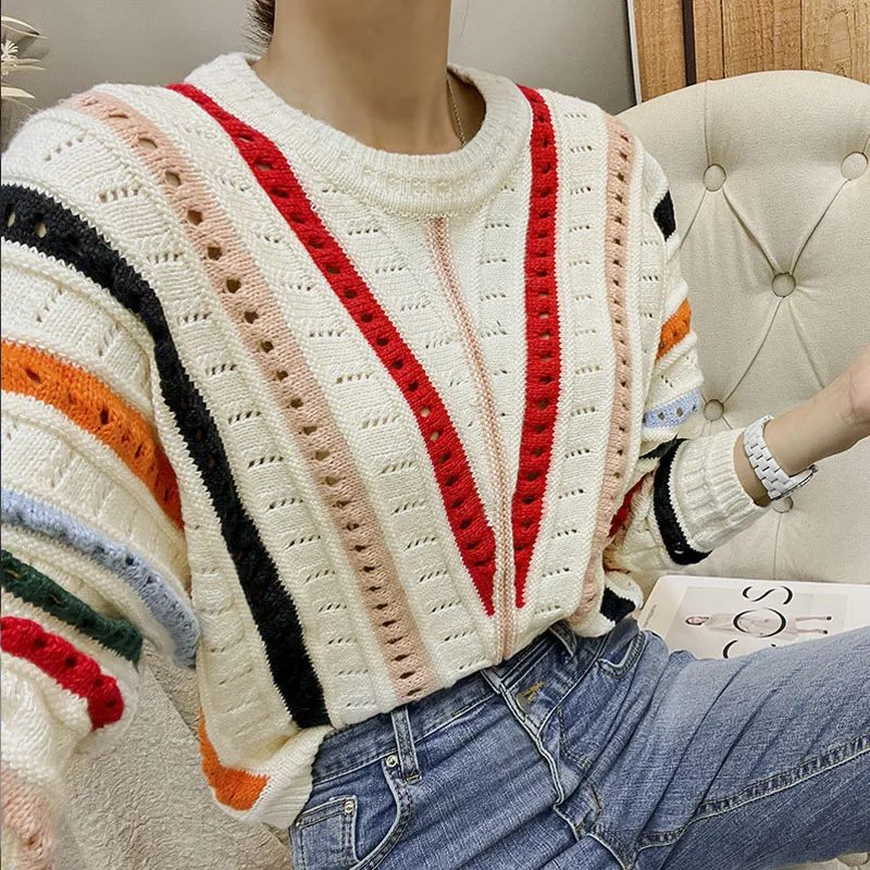 Autumn Long Sleeve Knitted Sweater Woman Winter Loose Striped Pullovers Women Fashion Korean O-neck Hollow Out Knitwears 29394
Autumn Long Sleeve Knitted Sweater Woman Winter Loose Striped Pullovers Women Fashion Korean O-neck Hollow Out Knitwears 29394