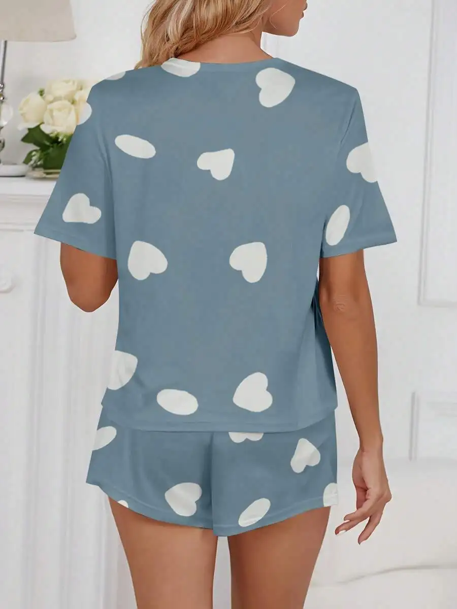 2PCS Women Heart Print Pajama Set Short Sleeve Top And Shorts Sleepwear Light Blue
2PCS Women Heart Print Pajama Set Short Sleeve Top And Shorts Sleepwear Light Blue