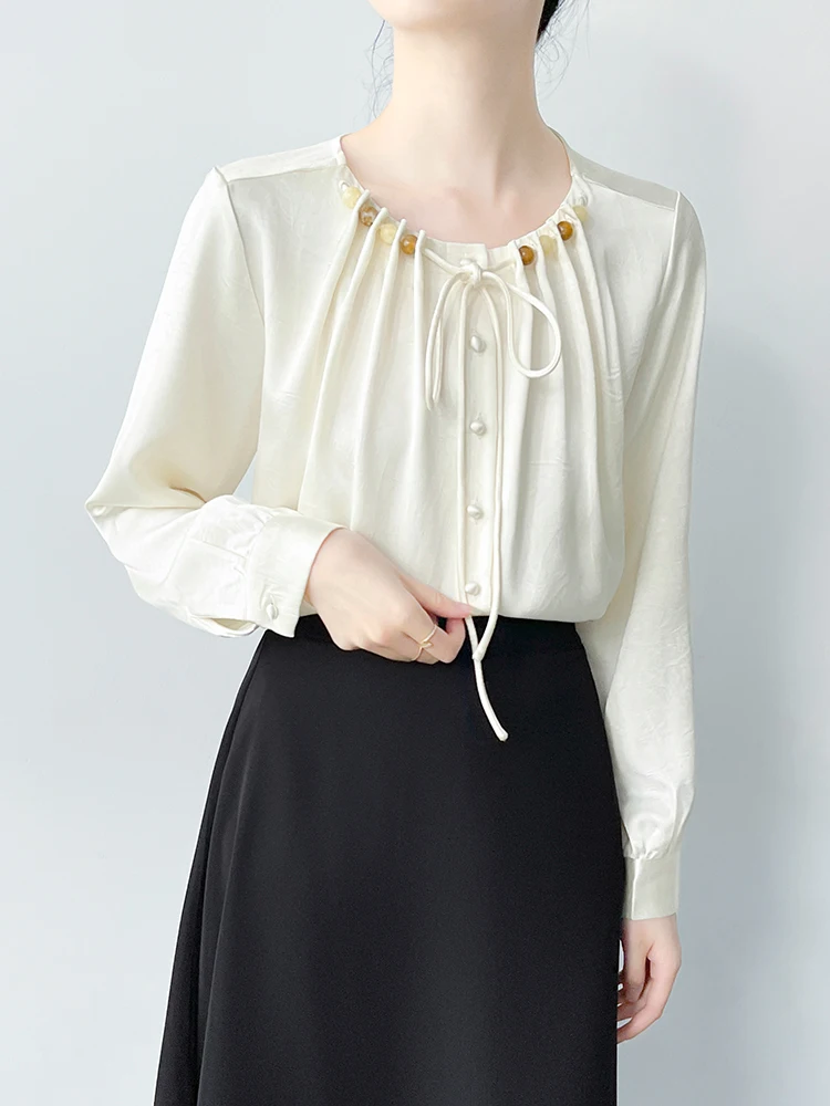 Korean Sle Long Sve Satin irt Women's Busin Interview Commute irt k Pattern Texture Pleated Beaded Top
Korean Sle Long Sve Satin irt Women's Busin Interview Commute irt k Pattern Texture Pleated Beaded Top