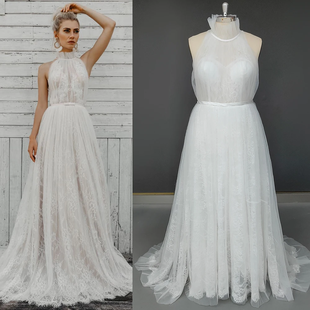 10216# Simple Halter High Neck Sweep Train A-line Wedding Dress Sleeveless Appliques Lace Belt Illusion Back Button Bridal Gown
10216# Simple Halter High Neck Sweep Train A-line Wedding Dress Sleeveless Appliques Lace Belt Illusion Back Button Bridal Gown