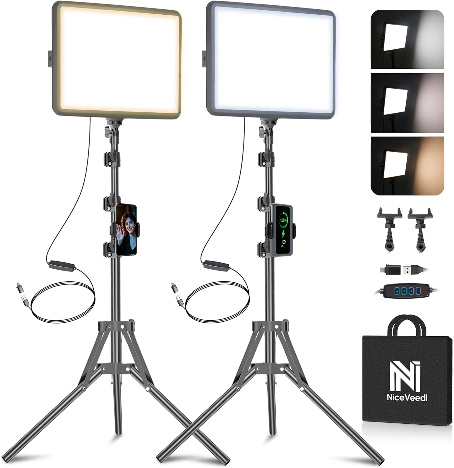 2-Pack LED Video Light Kit, Dimmable Studio Lighting with Tripod Stand & Phone Holder for Streaming and Recording
2-Pack LED Video Light Kit, Dimmable Studio Lighting with Tripod Stand & Phone Holder for Streaming and Recording