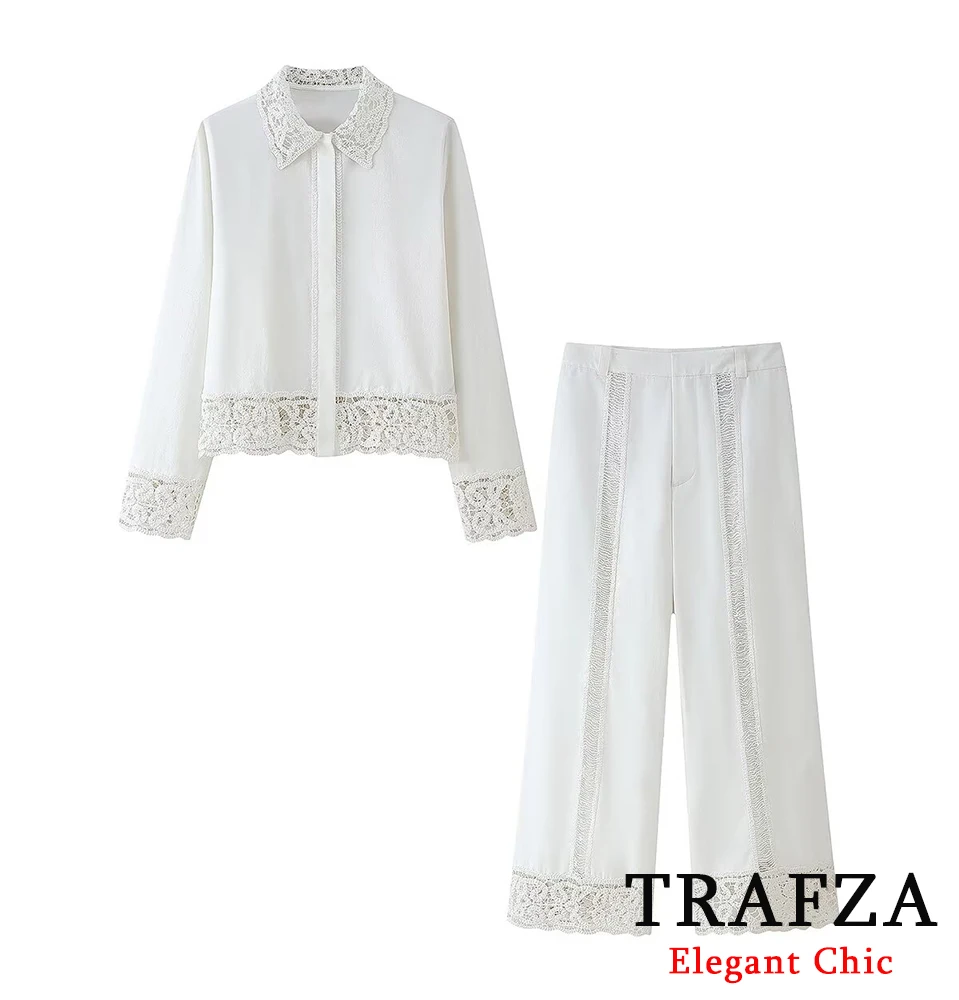 TRAFZA Women Stylish Lace Casual Shirt Or Loose Wide-Leg Pants Suit 2025 New Spring Summer High Street Fashion Office Daily Set 
TRAFZA Women Stylish Lace Casual Shirt Or Loose Wide-Leg Pants Suit 2025 New Spring Summer High Street Fashion Office Daily Set