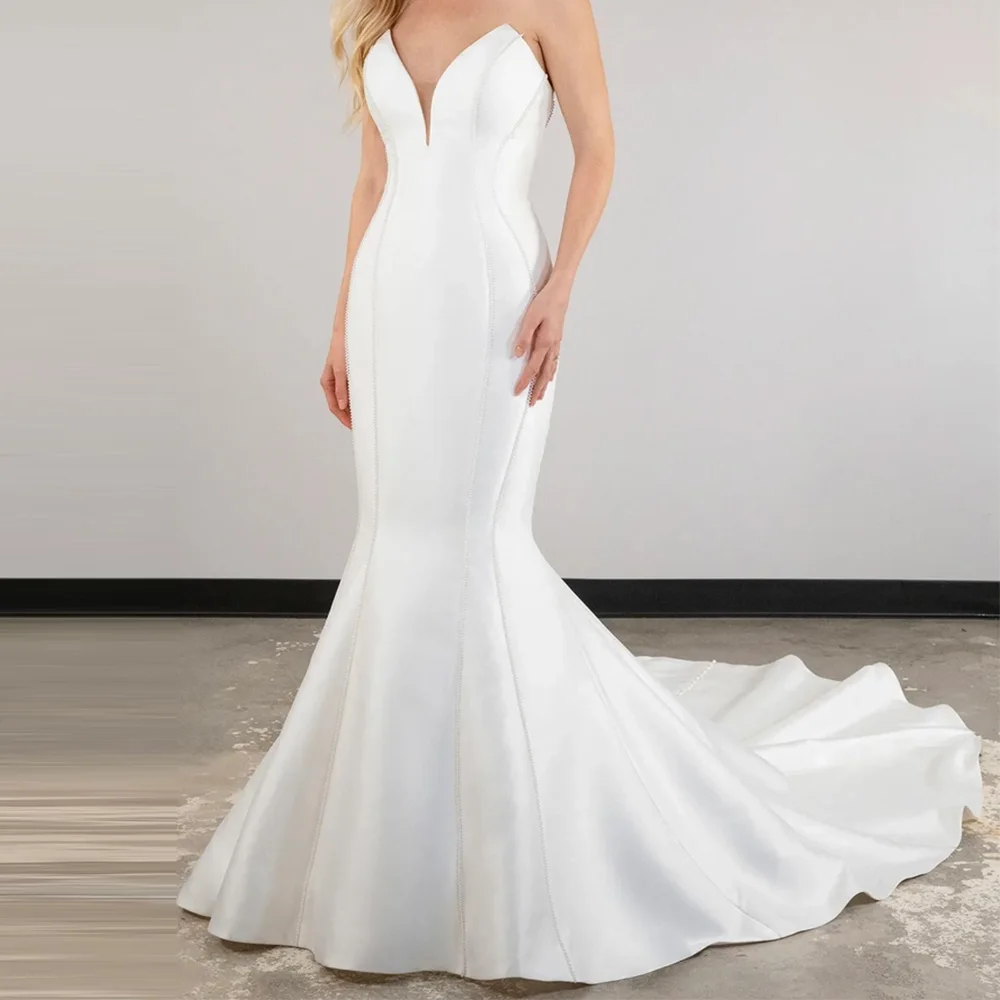 Mermaid V-Ncek Solid Color Satin Classic and Formal Appliques Wedding Dresses Sweep Train Floor Length Sleeveless Robe de mariée
Mermaid V-Ncek Solid Color Satin Classic and Formal Appliques Wedding Dresses Sweep Train Floor Length Sleeveless Robe de mariée