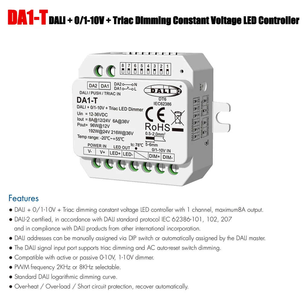 12-36VDC 1CH*8A DALI + 0/1-10V Triac Dimmer DA1-T (DT6) with Push Switch Dimming for 5050 2835 COB Single Color LED Strip Light
12-36VDC 1CH*8A DALI + 0/1-10V Triac Dimmer DA1-T (DT6) with Push Switch Dimming for 5050 2835 COB Single Color LED Strip Light