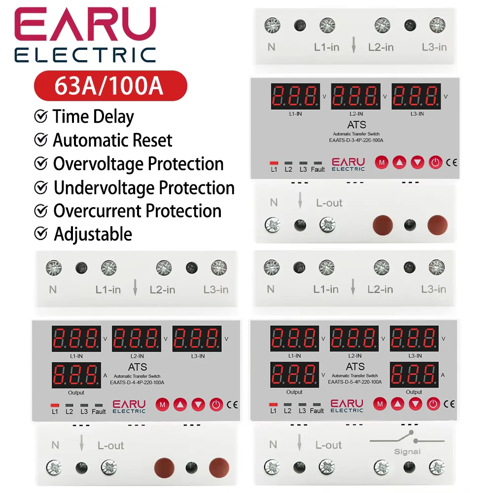 63A 100A 3 Phase 3P+N Over Under Voltage Protector ATS Automatic Transfer Switch Phase Selector Uninterrupted Power Over Current
63A 100A 3 Phase 3P+N Over Under Voltage Protector ATS Automatic Transfer Switch Phase Selector Uninterrupted Power Over Current