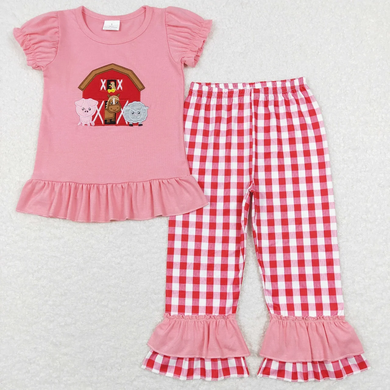 Wholesale Baby Girls Toddler Farm Outfit Pink Short Sleeves Embroidery Cotton Shirts Kid Plaid Ruffle Pants Infant Children Sets
Wholesale Baby Girls Toddler Farm Outfit Pink Short Sleeves Embroidery Cotton Shirts Kid Plaid Ruffle Pants Infant Children Sets
