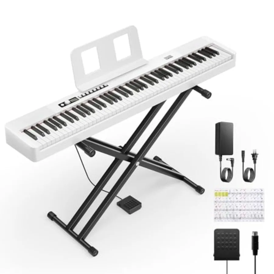 Beginner digital piano for home practice: 88-key weighted white keyboard, portable electric piano set with stand, sustain pedal
Beginner digital piano for home practice: 88-key weighted white keyboard, portable electric piano set with stand, sustain pedal