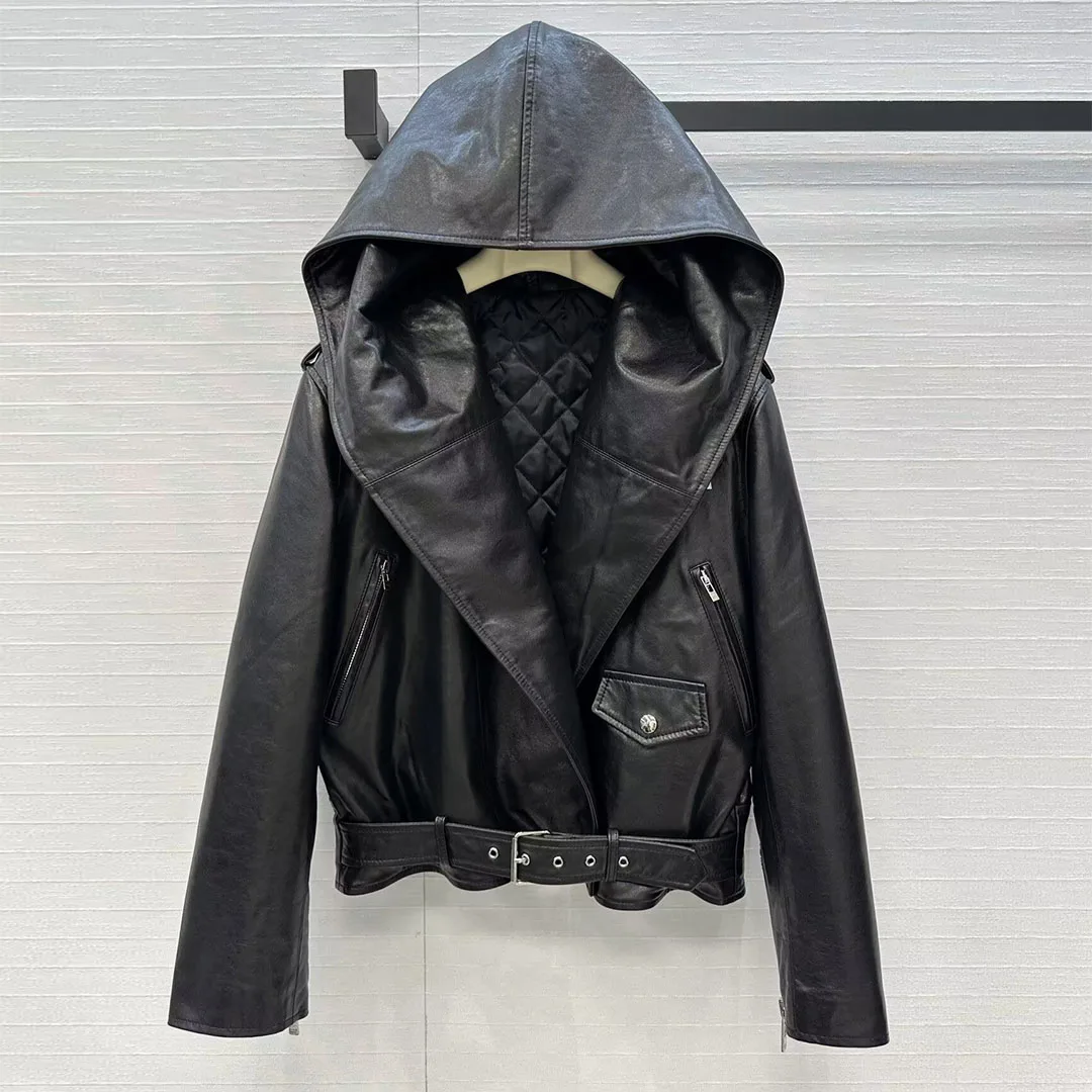 Vintage Streetwear 100% Sheepskin Leather Black Coat Women Handsome Hooded Slim Belt Cotton Liner Motorcycle Jacket 2025 New
Vintage Streetwear 100% Sheepskin Leather Black Coat Women Handsome Hooded Slim Belt Cotton Liner Motorcycle Jacket 2025 New