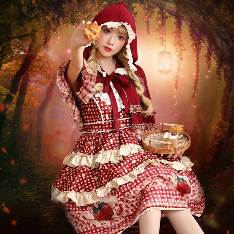 Костюм Красной Шапочки на Хэллоуин, Лолита, клубничные ягоды, клетчатая фея, T S, комплект для косплея, женская этническая одежда 
Костюм Красной Шапочки на Хэллоуин, Лолита, клубничные ягоды, клетчатая фея, T S, комплект для косплея, женская этническая одежда