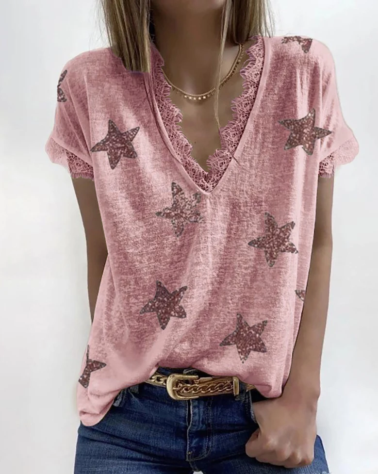Loose Casual T-irt Women's Summer ort Sve V-Ne Lace Trim Street Sle Loose Fit Top for Young Women 25-29 Years Old 
Loose Casual T-irt Women's Summer ort Sve V-Ne Lace Trim Street Sle Loose Fit Top for Young Women 25-29 Years Old
