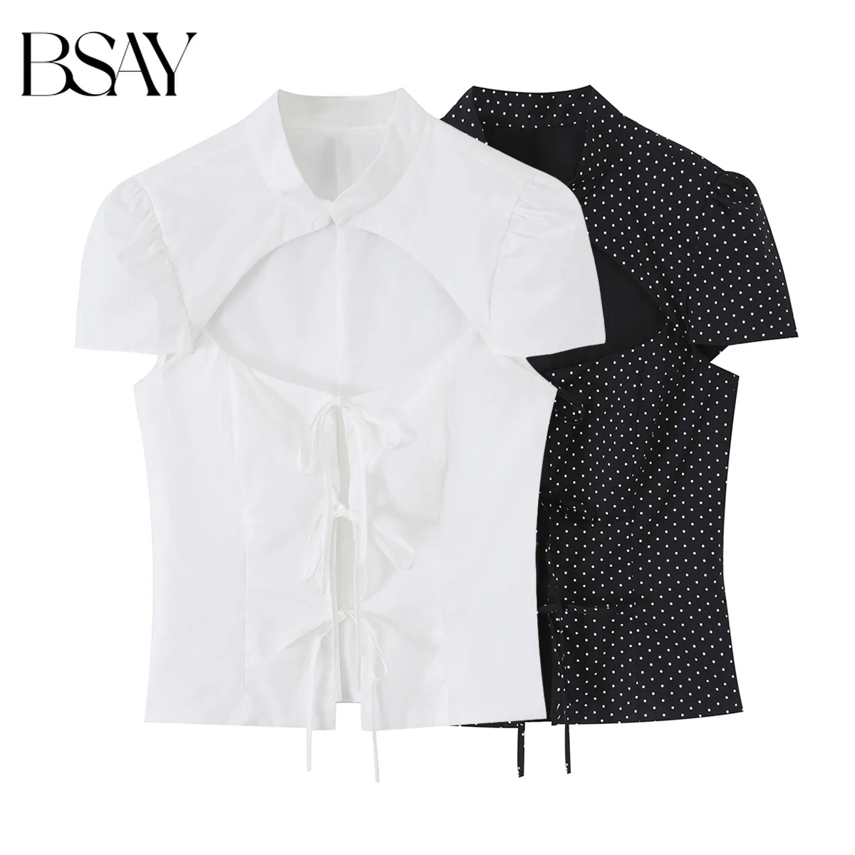 BSAY Women's Hollow Out Lace-Up Bow Puff Sleeve Top Polka Dot & Solid Color Split Slim Fit Stand Collar Cropped Blouse Shirt
BSAY Women's Hollow Out Lace-Up Bow Puff Sleeve Top Polka Dot & Solid Color Split Slim Fit Stand Collar Cropped Blouse Shirt
