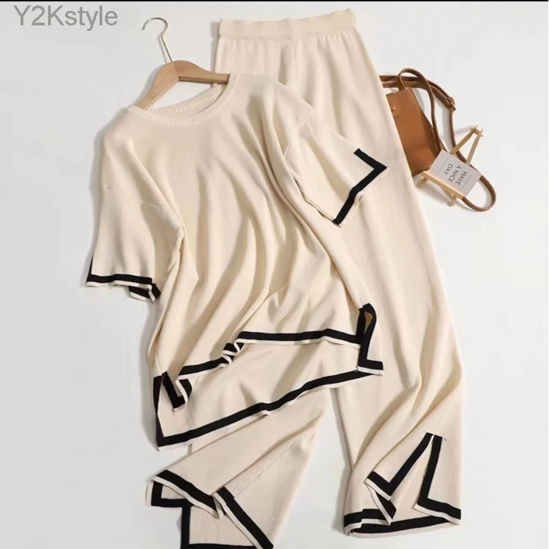 Knit Two Piece Set Pajamas Women Side Split Short Sleeve High Waist Trouser Suits Sleepwear Female Spring Office Ladies Suit
Knit Two Piece Set Pajamas Women Side Split Short Sleeve High Waist Trouser Suits Sleepwear Female Spring Office Ladies Suit