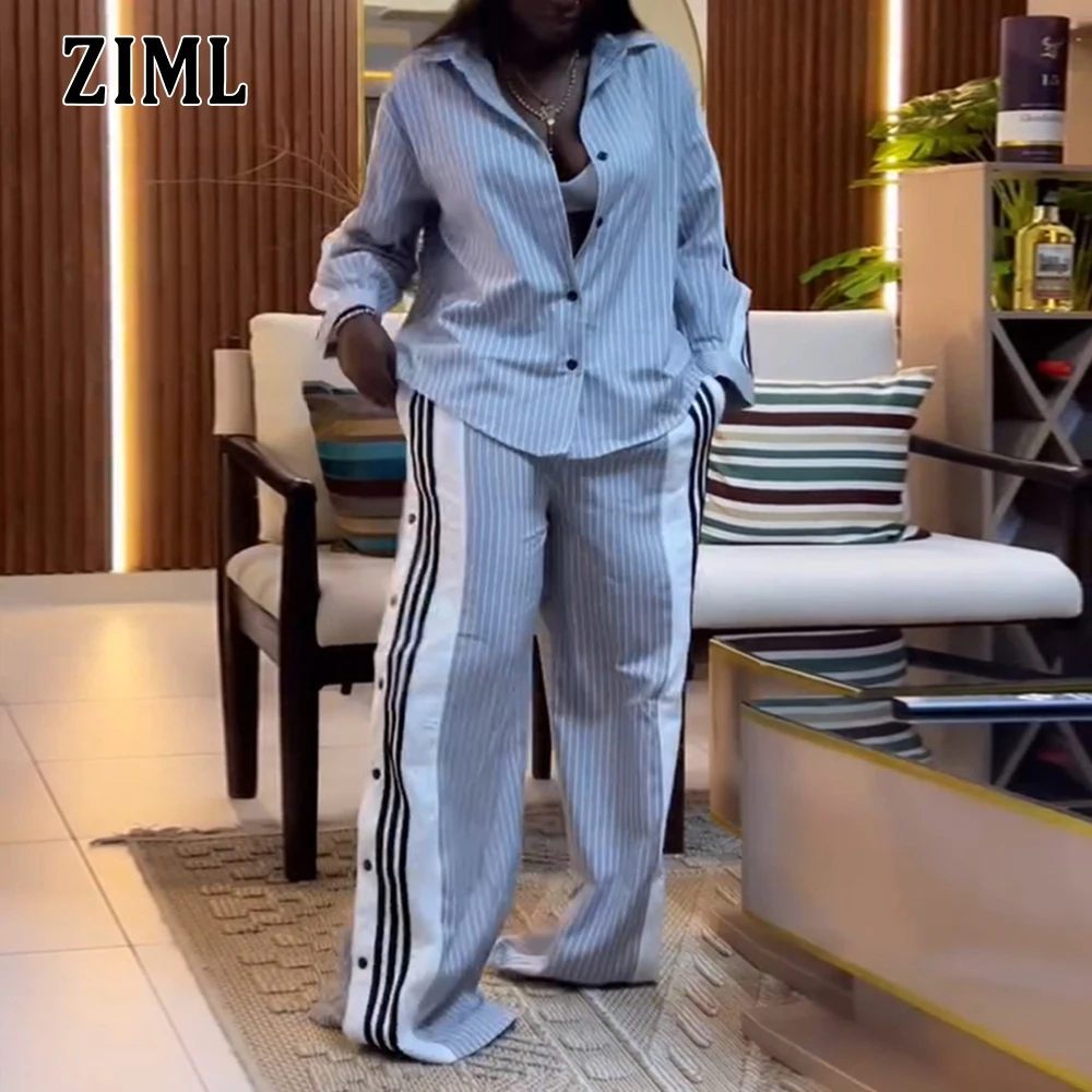 ZIML Casual Strip Loose Hit Color Two Piece Sets For Women Lapel Long Sleeve Top High Waist Pants Chic Set Female Fashion New
ZIML Casual Strip Loose Hit Color Two Piece Sets For Women Lapel Long Sleeve Top High Waist Pants Chic Set Female Fashion New